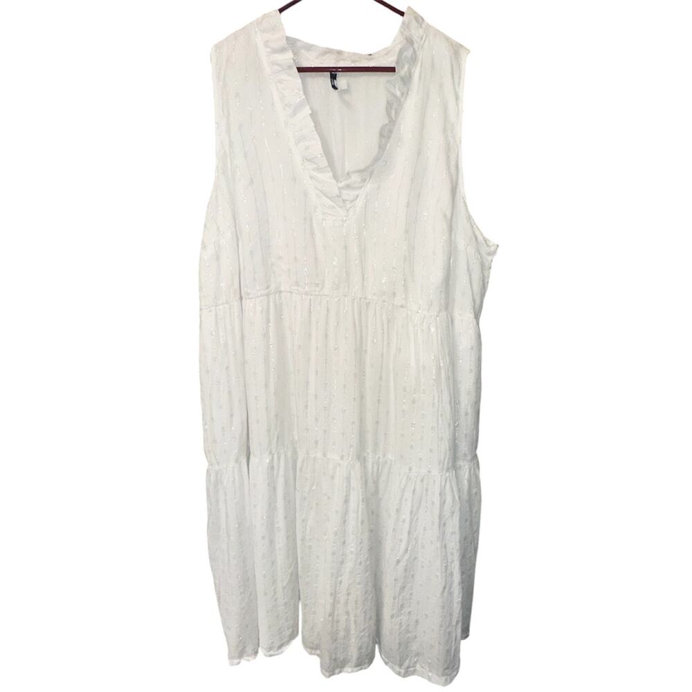 Crown & Ivy Plus Size 4X White Metallic Stripe Tiered Midi Dress Pockets